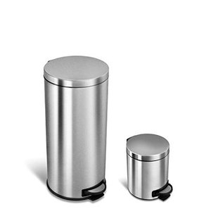 lot 2457 image: NINESTARS CB-SOT-30-15-1 Step-on Trash Can Combo Set, 8 Gal 30L & 1.2 Gal 5L, Stainless Steel Base (Round, Stainless Steel Lid)