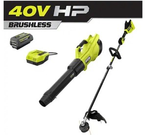 lot 5521 image: RYOBI 40V HP Brushless 600 CFM 155 MPH Cordless Leaf Blower and Carbon Fiber String Trimmer Kit with 4.0 Ah Battery and Charger- Retail $399.00