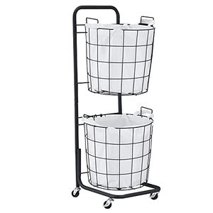 lot 1737 image: VECELO 2-Tier Laundry Basket Hamper with Rolling Lockable Wheels, Durable Metal Clothes Storage Cart with Removable Liner Bag for Organizing Clothes