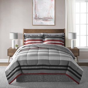 lot 6460 image: 8pc Queen Xavier Stripe Bed in a Bag Comforter Set Red - Lanwood Home
