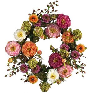 lot 6500 image: Nearly Natural 24in. Artificial Peony Wreath Multicolored