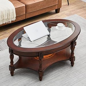 lot 5673 image: LEEMTORIG Oval Coffee Table For Living Room Solid Wood Coffee Table With Glass Top 46x29x18.2 Cherry Walnut - Retail $319.99