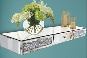 lot 2316 image: Mirrored Furniture Wall Shelf with Drawer, Crystal Diamond Floating Showcase 32 X 3 X 8