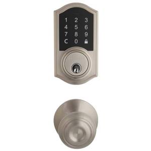 lot 1671 image: Defiant Castle Satin Nickel Electronic Touchpad Single Cylinder Deadbolt with Hartford Knob Combo Pack