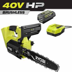 lot 1684 image: RYOBI 40V HP Brushless 12 in. Top Handle Electric Cordless Chainsaw with 4.0 Ah Battery and Charger