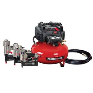 lot 1665 image: Porter-Cable 6 Gal. Portable Electric Air Compressor with 16-Gauge, 18-Gauge and 23-Gauge Nailer Combo Kit (3-Tool) - Retail $329.99