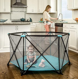 lot 30184 image: Regalo My Portable Play Yard Indoor and Outdoor, Washable, Aqua, 6-Panel
