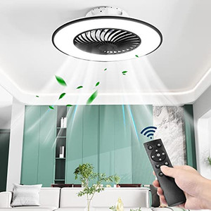 lot 31678 image: Kamlam Bladeless Ceiling Fan with 3-Color Dimmable Light, 22 Modern Enclosed Multi-Speed Low Profile Ceiling Fans with Remote Control, Flush Mount, Black   (Retails $179)