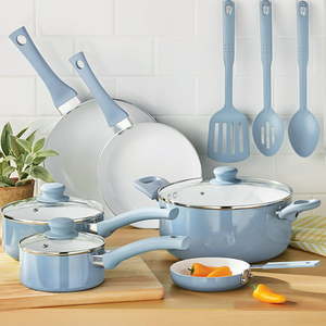 lot 54405 image: Mainstays Non-Stick Ceramic-coated Aluminum Alloy 12PC Cookware Set, Blue Linen