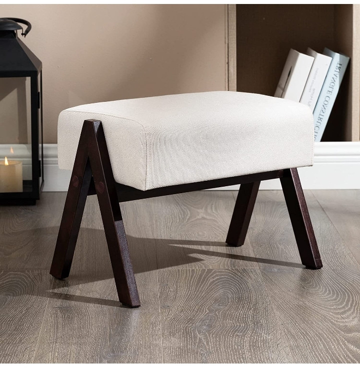 lot 12138 image: LUE BONA Foot Stool, Modern A Footstool, Beige Linen Small Stool, 12 H, Padded Wooden Footstools and Ottomans Small, Pet�s Step Stool Foot Rest Stool for Living Room, Bedroom, Entryway