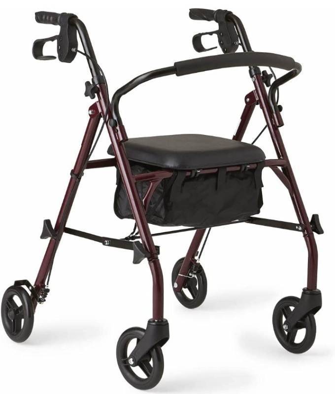 lot 43182 image: Medline Rollator Walker with Seat, Steel Rolling Walker with 6-inch Wheels Supports up to 350 lbs, Medical Walker, Burgundy