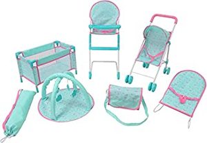 lot 33173 image: KOOKAMUNGA KIDS 6 Piece Doll Accessories Playset  Toy Pram Stroller  High Chair with Feeding Tray  Playpen and Travel Cot  Baby Bouncer  Diaper Changing Bag  Activity Mat (Pink Unicorn) (Blue)