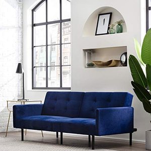 lot 13205 image: Edenbrook Standard-74 Inches Gilman Convertible Folding Futon Modern Square Arm Design-Compact Couch Bed�Fabric Faux Leather Standard Navy Blue Velvet