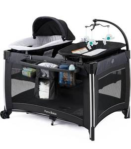 lot 69119 image: Pamo Babe Deluxe Playard with Foldable Nursery Center, Large Capacity Changing Table, Storage Shelf, Detachable Mattress Nursery Center (Black)