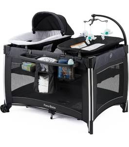 lot 69125 image: Pamo Babe Deluxe Playard with Foldable Nursery Center, Large Capacity Changing Table, Storage Shelf, Detachable Mattress Nursery Center (Black)