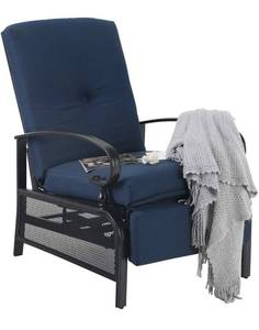 lot 69131 image: PHI VILLA Patio Adjustable Lounge Chairs Outdoor Metal Relaxing Recliner Sofa Chair with 4 Removable Cushions, Blue
