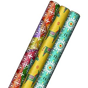 lot 125012 image: Hallmark Holiday Wrapping Paper with Cut Lines on Reverse (3 Rolls 120 sq. ft. ttl) Teal, Yellow, Pink, Orange Patchwork and Donkeys for Christmas, Kwanzaa, Three Kings Day (B088SGCCVB)