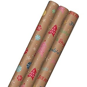 lot 128004 image: Hallmark Colorful Recyclable Christmas Wrapping Paper with Cut Lines on Reverse (3 Rolls 90 sq. ft. ttl) Kraft Brown with Snowflakes, Pink Trees, All Kinds of Merry (B088SNQ971)