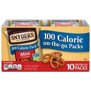 lot 129014 image: Snyders of Hanover 100 Calorie Pretzel Tray Pack - Mini Pretzels,0.92 Ounce, 10 Count Lot of 6 Pretzel Tray Packs in Each Box