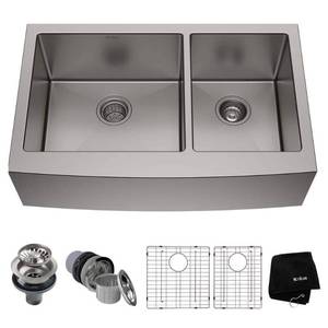 lot 43695 image: KRAUS Standart PRO 33-inch 16 Gauge 6040 Double Bowl Stainless Steel Farmhouse Kitchen Sink