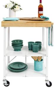 lot 43707 image: Origami Folding Kitchen Cart on Wheels, 3-Tier Foldable Rolling Cart - Chefs Outdoor Cart for Coffee, Wine, and Food, Microwave Cart, Plating Shelf (White)
