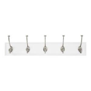 lot 43716 image: Home Decorators Collection Snap Install 27 in. White Hook Rack with 5 Satin Nickel Pilltop Hooks