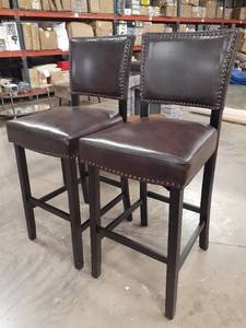 lot 2 image: PAIR of Studded Brown Barstools