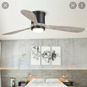 lot 35 image: 52 in Matte Black Ceiling Fan Flush Mount with Remote Control and Optional Light 3000K 4000K 6000K - 52 in- Retail$209.99