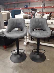 lot 82 image: PAIR of Grey Swiveling Adjustable Height Barstools