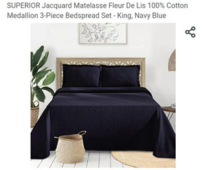 lot 186 image: Superior Fleur De Lis Matalesse Bedspread and 2 Pillow Shams Navy Blue KING SIZE