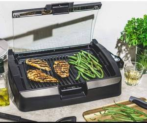 lot 30927 image: CRUX Smokeless Indoor BBQ Grill with Viewing Window, Faster Preheat, Large 10 x14  Grill Surface for Family Sized Meals, Healthy-Eco Non-Stick Coating & Dishwasher Safe Parts for Easy Clean Up, Black