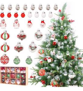 lot 30929 image: Artificial Plastic Christmas Ball Ornament Set, Shatterproof Clear Exquisite Fillings Christmas Tree Hanging Decoration, for Home Party, Holiday Wedding, Xmas Decor - RedWhiteGreen.