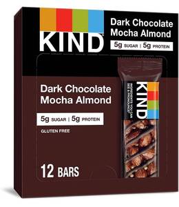 lot 30933 image: KIND Healthy Snack Bar, Dark Chocolate Mocha Almond, 5g Sugar  5g Protein, Gluten Free Bars, 1.4 OZ, 12 - Count