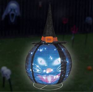 lot 30946 image: Black Cat with Bat Witch Hat Decor, 2 Modes Lights Outdoor Indoor, Halloween Decorations Clearance with LED Lights Built-in for Home Yard Garden Lawn Decor (Bat Witch Hat) Lot of 2