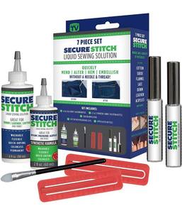 lot 30954 image: ecure Stitch Liquid Sewing Solution Kit Fabric Glue That Quickly Mends, Alters, Hems & Embellishes Without a Needle and Thread Includes 4oz.Fabric Solution & 2oz All Fabric Solution Lot of 2