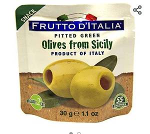 lot 37354 image: Frutto dItalia Green Pitted Olives in Pouch, Unflavored 1.1 Ounce (Pack of 10