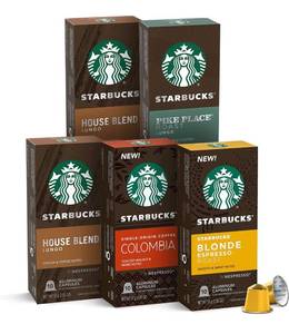 lot 38600 image: Starbucks by Nespresso, Mild Variety Pack (50-count single serve capsules, 10 of each flavor, compatible with Nespresso Original Line System)