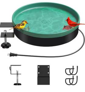 lot 38602 image: Heated Birdbath for Outdoor, 14 Inch with 3 Way to Mount, Metal Stand and Mounting Bracket, 75 Watt (Green)