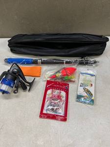 lot 38603 image: Fishing Rod and Reel Kit, Collapsible Fishing Rod, Telescopic Fishing Pole, HooksFishing Bag