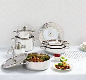lot 38612 image: $$ Wolfgang Puck 13-piece Stainless Steel Cookware Set, Silver, 24inW x 14inH x 12inD