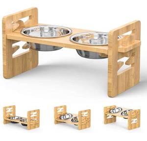 lot 38614 image: Raised Dog Bowls Pet Bowls with Stand for Dogs and Cats Adjustable Bamboo Feeder Dog Dishes with 2 Stainless Steel Bowls Dog Food and Water Bowls