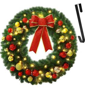 lot 38617 image: Juegoal 24 Inch Pre-Lit Christmas Wreath with Metal Hanger, Large Red Bow and Colored Balls, Battery Operated with Timer Warm White 60 LEDs Lights