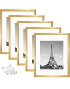 lot 32573 image: upsimples 11x14 Picture Frame Set of 5, Display Pictures 8x10 with Mat or 11x14 Without Mat,Wall Gallery Photo Frames, Gold