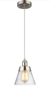lot 32575 image: Modern Glass Pendant Light with Handblown Clear Seeded Glass Shade, One-Light Adjustable Industrial Mini Pendant Lighting Fixture for Kitchen Island Cafe Bar, Brushed Nickel