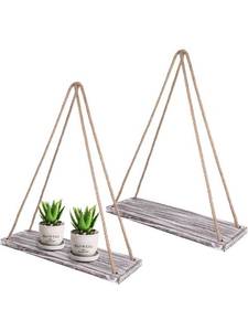 lot 32599 image: TIMEYARD Wall Hanging Shelf Set of 2 - White Distressed Wood Jute Rope Floating Shelves, Farmhouse Organizer Rustic Home Decor
