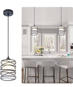 lot 32605 image: Modern Mini Pendant Light Fixture Kitchen Island Pendant Lighting 6.30Matte Black Spiral Cage and Handblown Frosted Haze Glass Shade Hanging Lamp Adjustable Cord for Christmas Gift,Dining Room