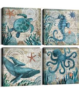 lot 32614 image: Bathroom Decor Wall Art Beach Decor Teal Ocean Decor Coastal Canvas Wall Art Farmhouse Nautical Wall Decor for Bathroom Home Decorations Accessories Set 12x12 4Pcs Turtle Pictures Paintings Artwork
