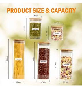 lot 32615 image: Pomeat Glass Food Storage Jar Set, 5 Pieces Airtight Kitchen Canister with Bamboo Lids, Labels and Sealing Ring, Food Cereal Storage Containers for Candy, Cookie, Flour, Pasta, Coffee Beans, Spice