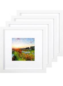 lot 32617 image: 10x10 Picture Frame White Set of 4,Display Pictures for 6x6 with Mat or 10x10 without Mat Solid Wood Photo Frame for Wall Hanging or Table Top Home Decoration