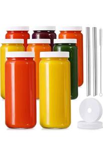 lot 32625 image:  8 Pack  16 OZ Glass Juicing Bottles w Airtight Lids & 2 Straws & 2 Lids w Hole - Reusable Drinking Jars, Travel Water Cups - Tall Mason Jar for Juice, Boba, Smoothie, Tea, Kombucha, Homemade Drinks